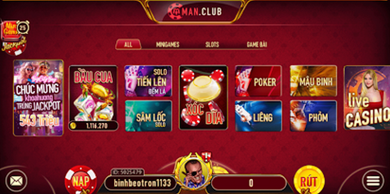 Nhà cái Manclub có sảnh game bài hấp dẫn nhất thị trường