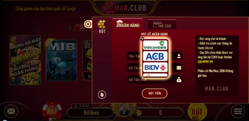 Giao diện trang rút tiền tại nhà cái Manclub